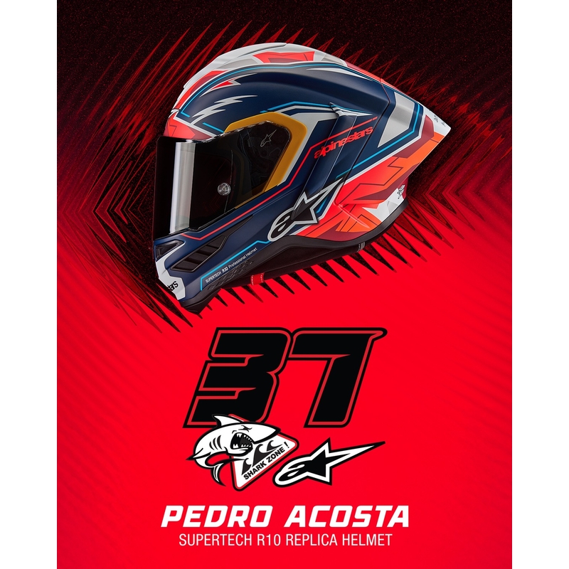 "Alpinestars Supertech R-10" riboto leidimo Pedro Acosta matinės mėlynos-raudonos-baltos spalvos integralus motociklininko šalmas