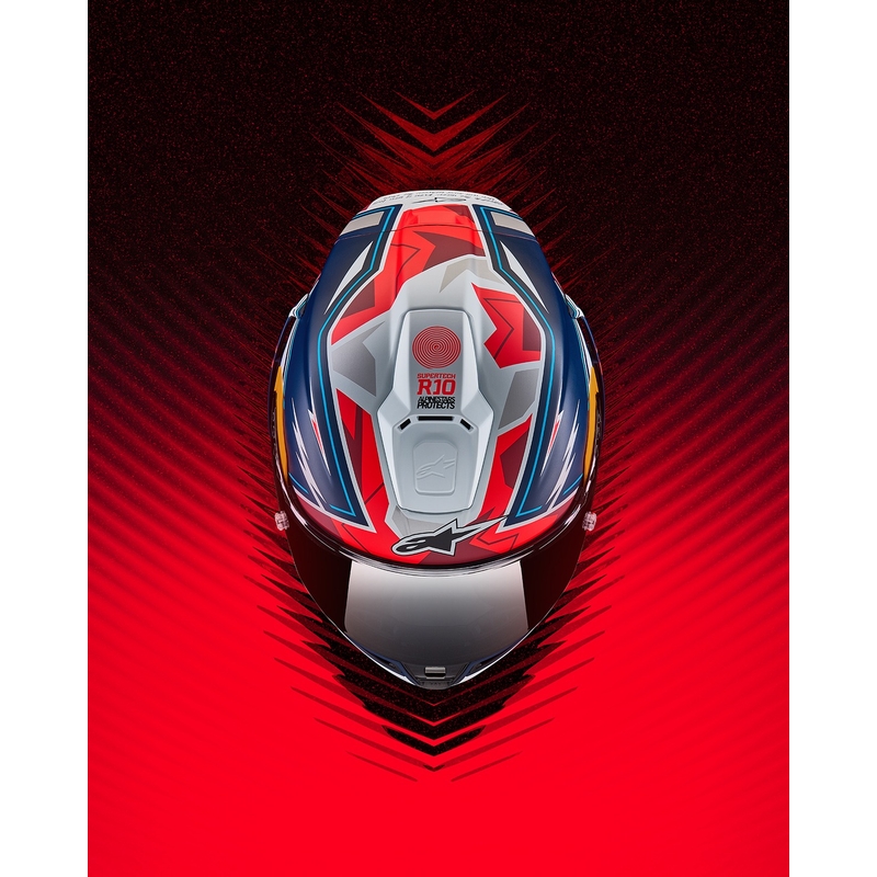 "Alpinestars Supertech R-10" riboto leidimo Pedro Acosta matinės mėlynos-raudonos-baltos spalvos integralus motociklininko šalmas