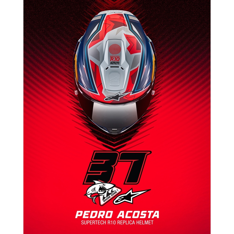 "Alpinestars Supertech R-10" riboto leidimo Pedro Acosta matinės mėlynos-raudonos-baltos spalvos integralus motociklininko šalmas