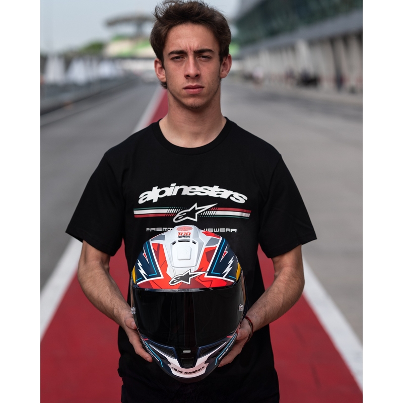 "Alpinestars Supertech R-10" riboto leidimo Pedro Acosta matinės mėlynos-raudonos-baltos spalvos integralus motociklininko šalmas