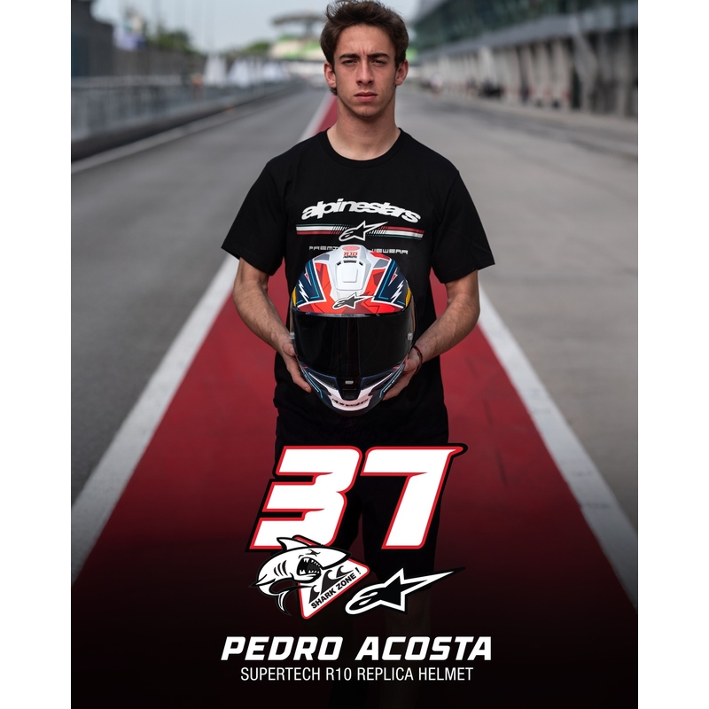 "Alpinestars Supertech R-10" riboto leidimo Pedro Acosta matinės mėlynos-raudonos-baltos spalvos integralus motociklininko šalmas