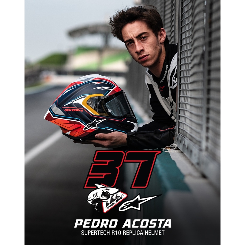 "Alpinestars Supertech R-10" riboto leidimo Pedro Acosta matinės mėlynos-raudonos-baltos spalvos integralus motociklininko šalmas