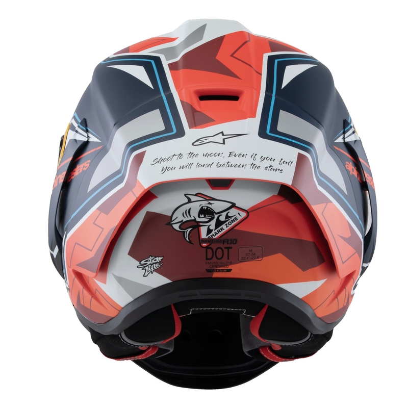 "Alpinestars Supertech R-10" riboto leidimo Pedro Acosta matinės mėlynos-raudonos-baltos spalvos integralus motociklininko šalmas