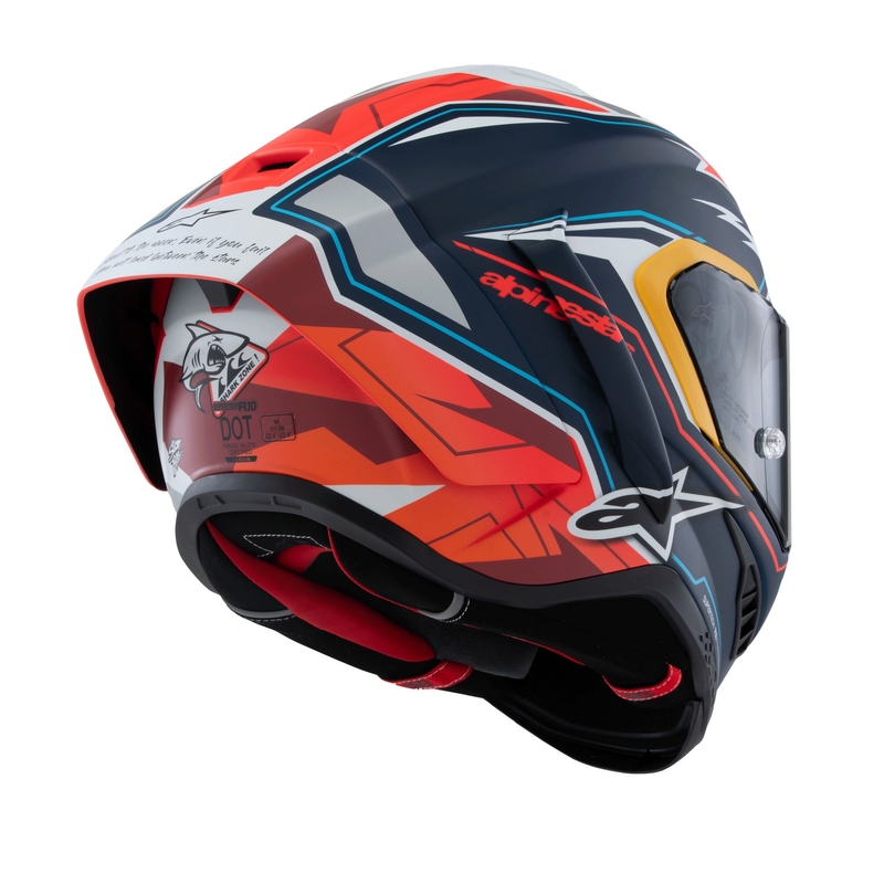 "Alpinestars Supertech R-10" riboto leidimo Pedro Acosta matinės mėlynos-raudonos-baltos spalvos integralus motociklininko šalmas