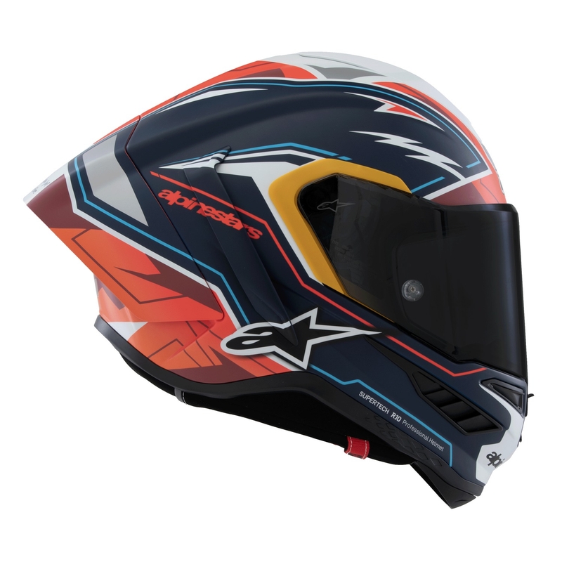 "Alpinestars Supertech R-10" riboto leidimo Pedro Acosta matinės mėlynos-raudonos-baltos spalvos integralus motociklininko šalmas