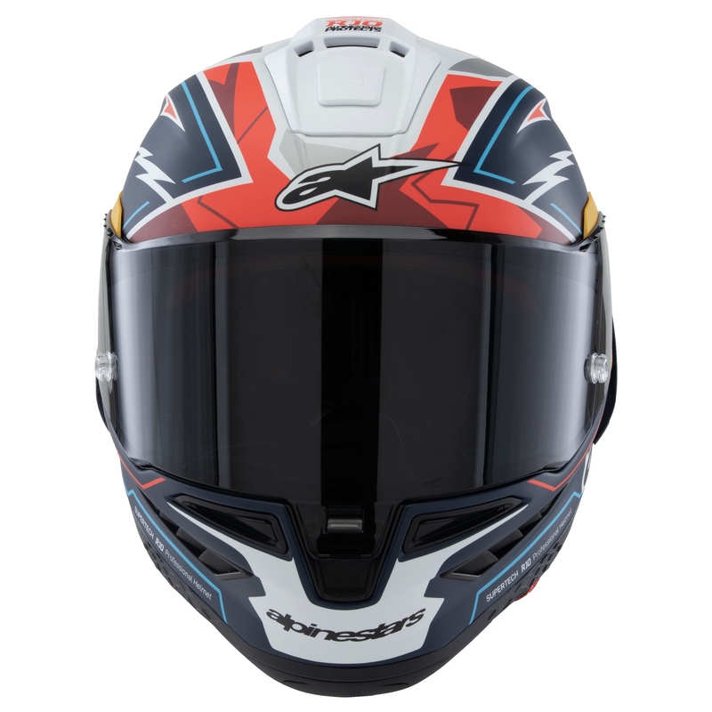 "Alpinestars Supertech R-10" riboto leidimo Pedro Acosta matinės mėlynos-raudonos-baltos spalvos integralus motociklininko šalmas