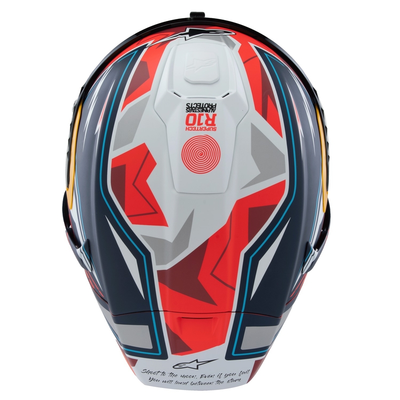 "Alpinestars Supertech R-10" riboto leidimo Pedro Acosta matinės mėlynos-raudonos-baltos spalvos integralus motociklininko šalmas