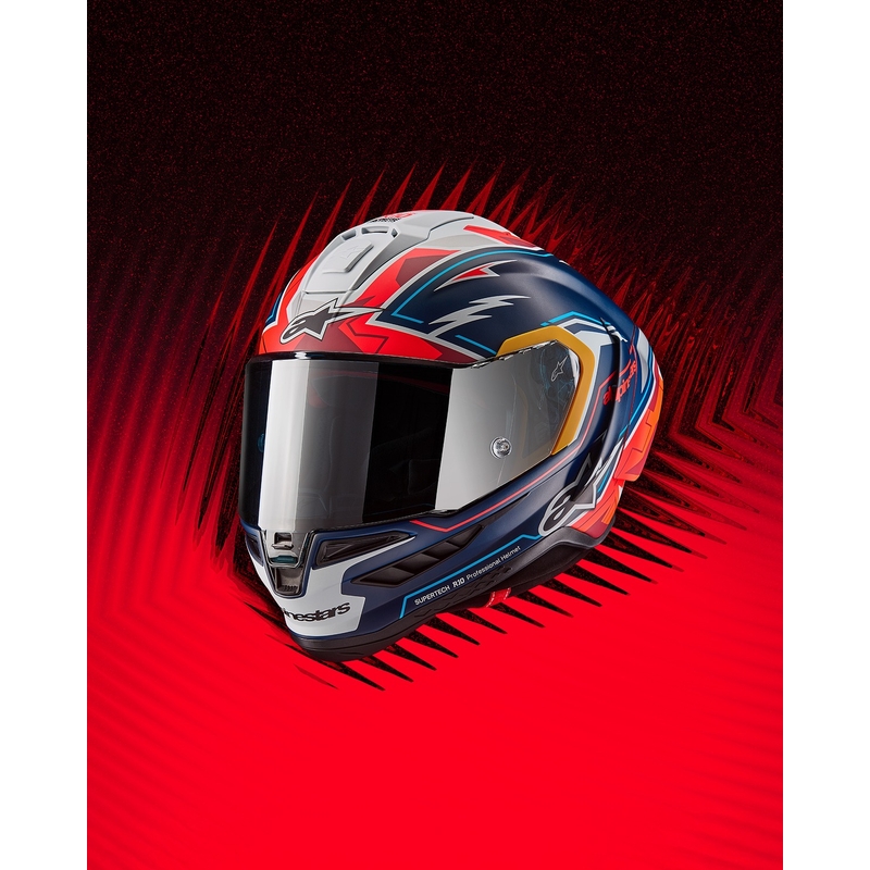 "Alpinestars Supertech R-10" riboto leidimo Pedro Acosta matinės mėlynos-raudonos-baltos spalvos integralus motociklininko šalmas
