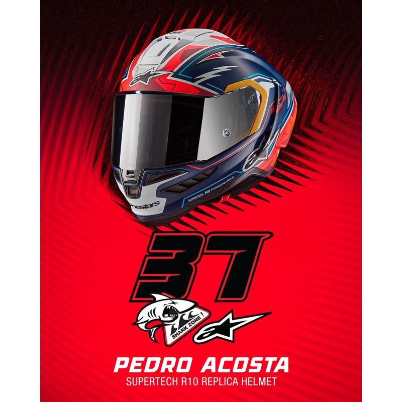 "Alpinestars Supertech R-10" riboto leidimo Pedro Acosta matinės mėlynos-raudonos-baltos spalvos integralus motociklininko šalmas