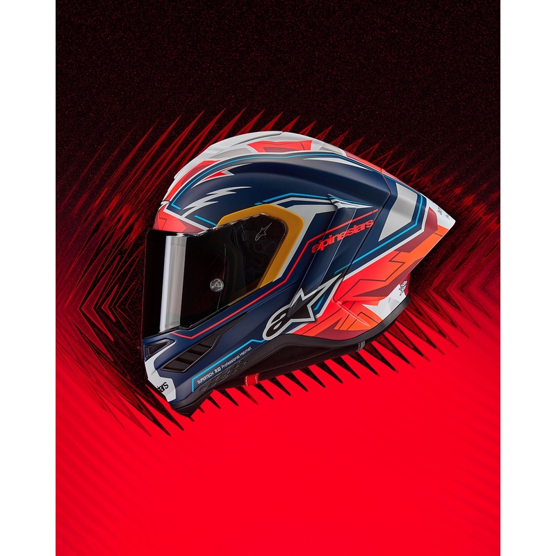 "Alpinestars Supertech R-10" riboto leidimo Pedro Acosta matinės mėlynos-raudonos-baltos spalvos integralus motociklininko šalmas