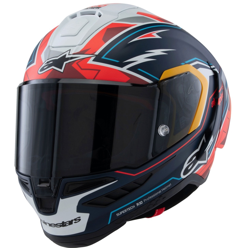 "Alpinestars Supertech R-10" riboto leidimo Pedro Acosta matinės mėlynos-raudonos-baltos spalvos integralus motociklininko šalmas