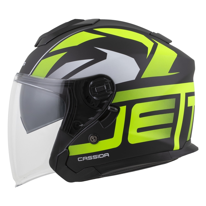 Cassida Jet Tech 2.0 RoTo atviras motociklininko šalmas matinis juodas-fluo geltonas-baltas