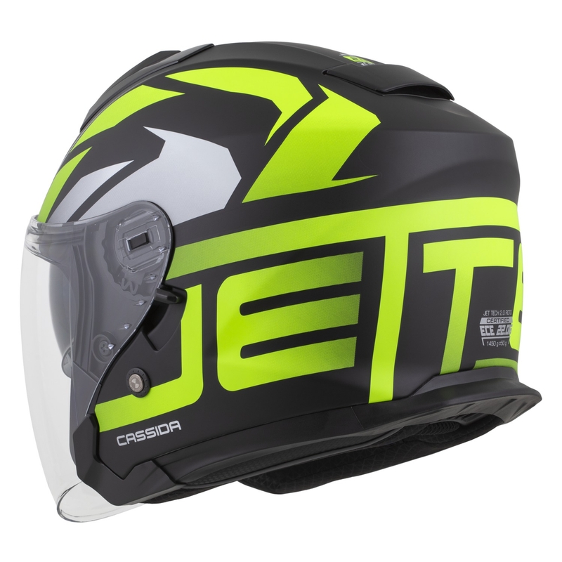 Cassida Jet Tech 2.0 RoTo atviras motociklininko šalmas matinis juodas-fluo geltonas-baltas
