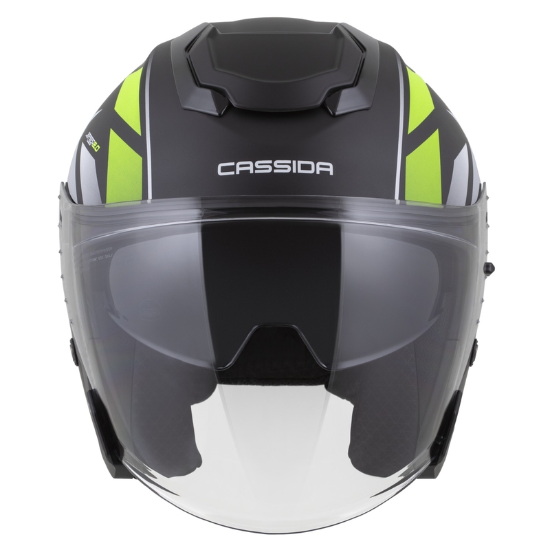 Cassida Jet Tech 2.0 RoTo atviras motociklininko šalmas matinis juodas-fluo geltonas-baltas