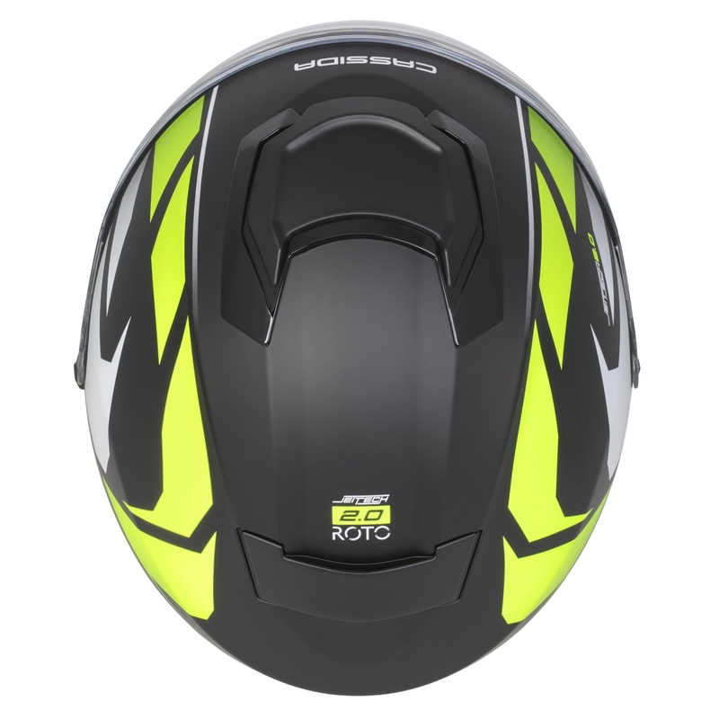 Cassida Jet Tech 2.0 RoTo atviras motociklininko šalmas matinis juodas-fluo geltonas-baltas