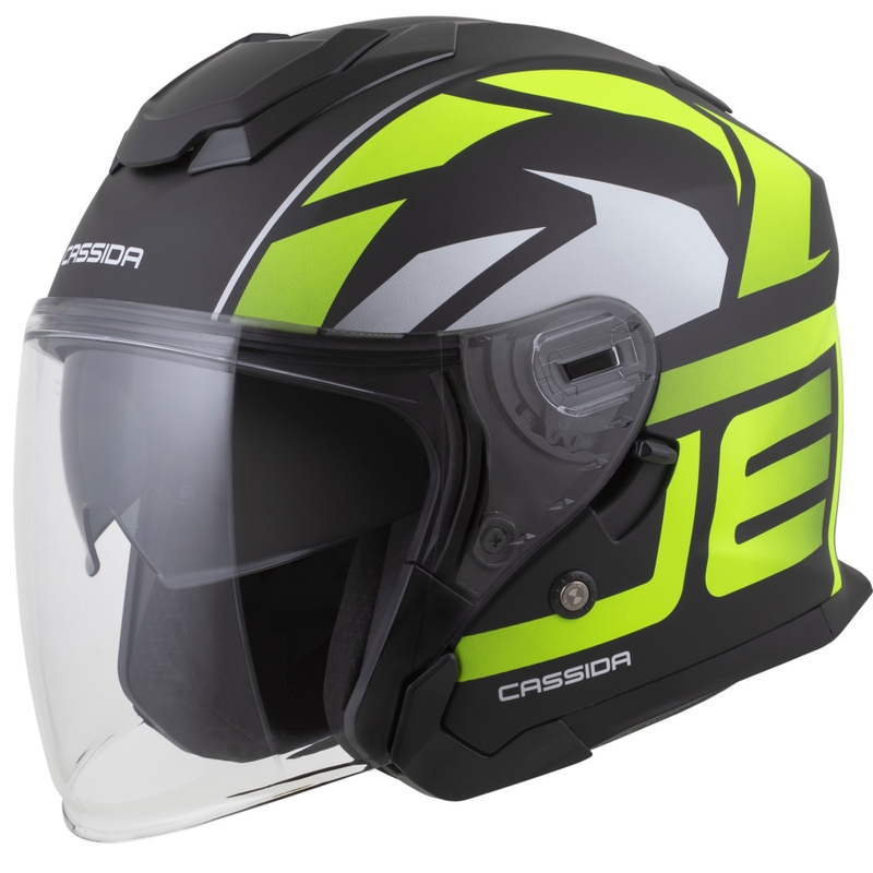 Cassida Jet Tech 2.0 RoTo atviras motociklininko šalmas matinis juodas-fluo geltonas-baltas