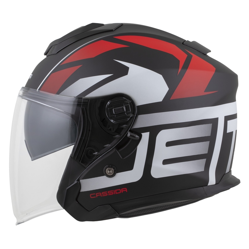"Cassida Jet Tech 2.0 RoTo" atviras motociklininko šalmas matinis juodas-raudonas-baltas