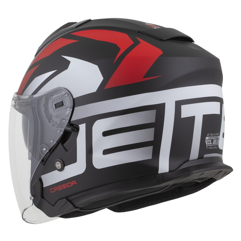 "Cassida Jet Tech 2.0 RoTo" atviras motociklininko šalmas matinis juodas-raudonas-baltas