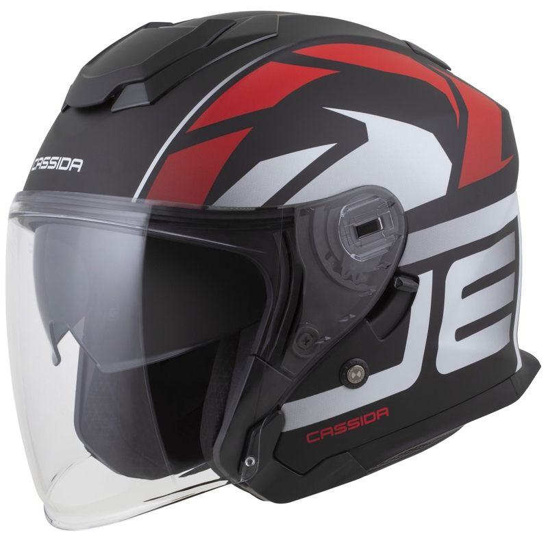 "Cassida Jet Tech 2.0 RoTo" atviras motociklininko šalmas matinis juodas-raudonas-baltas