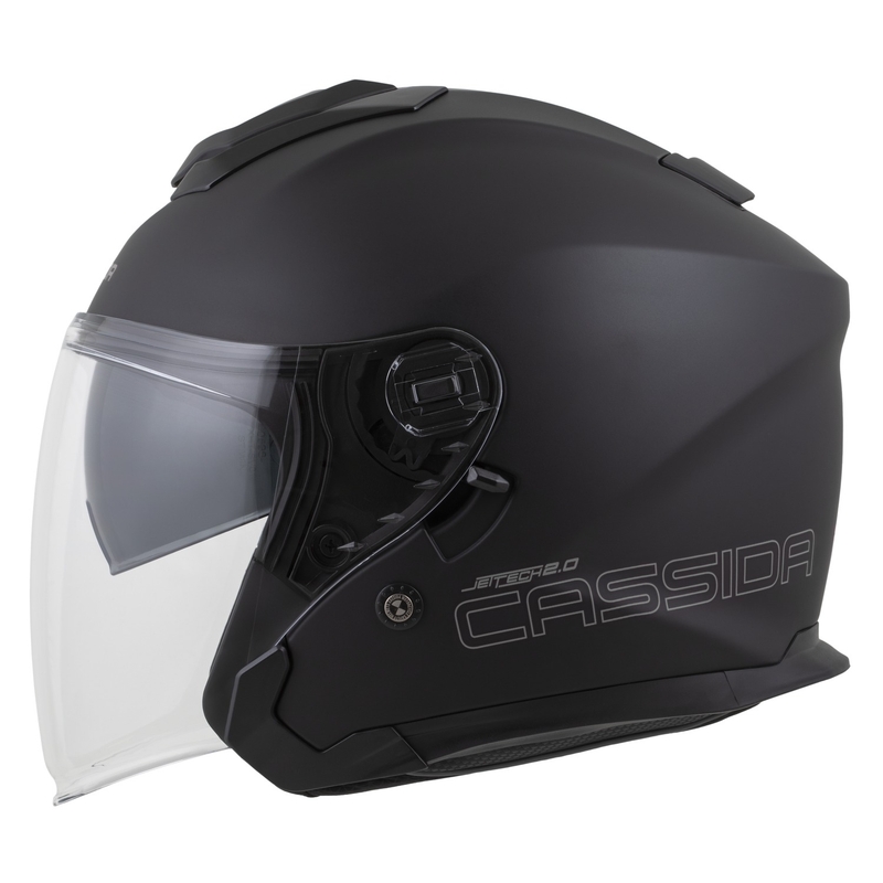 "Cassida Jet Tech 2.0 Solid Matte Black-Grey" atviras motociklininko šalmas