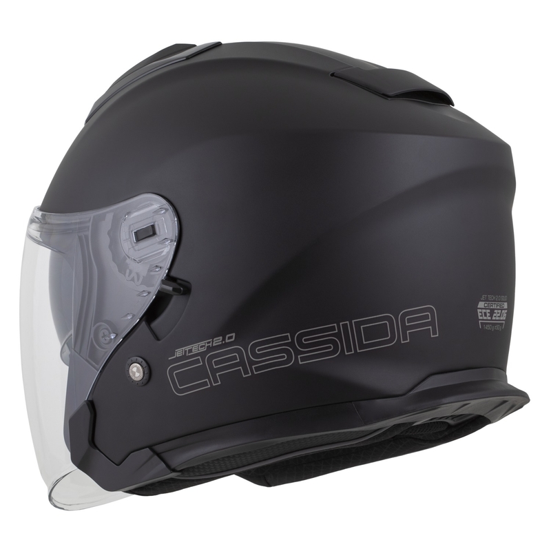 "Cassida Jet Tech 2.0 Solid Matte Black-Grey" atviras motociklininko šalmas