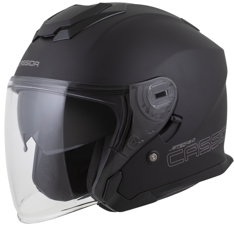 "Cassida Jet Tech 2.0 Solid Matte Black-Grey" atviras motociklininko šalmas