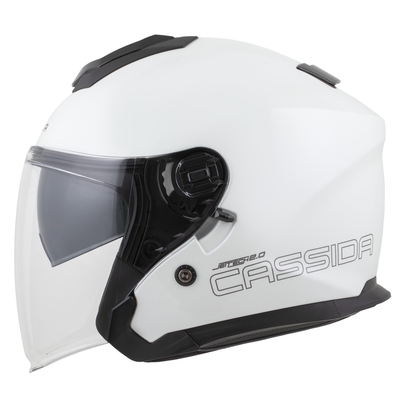 "Cassida Jet Tech 2.0 Solid White-Black-Grey" atviras motociklininko šalmas