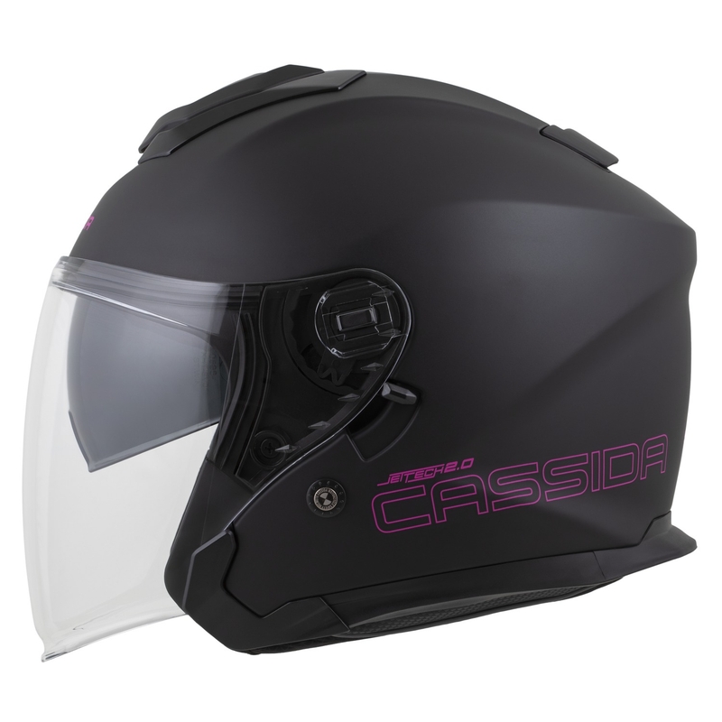 "Cassida Jet Tech 2.0 Solid Matte Black and Pink Open" motociklininko šalmas