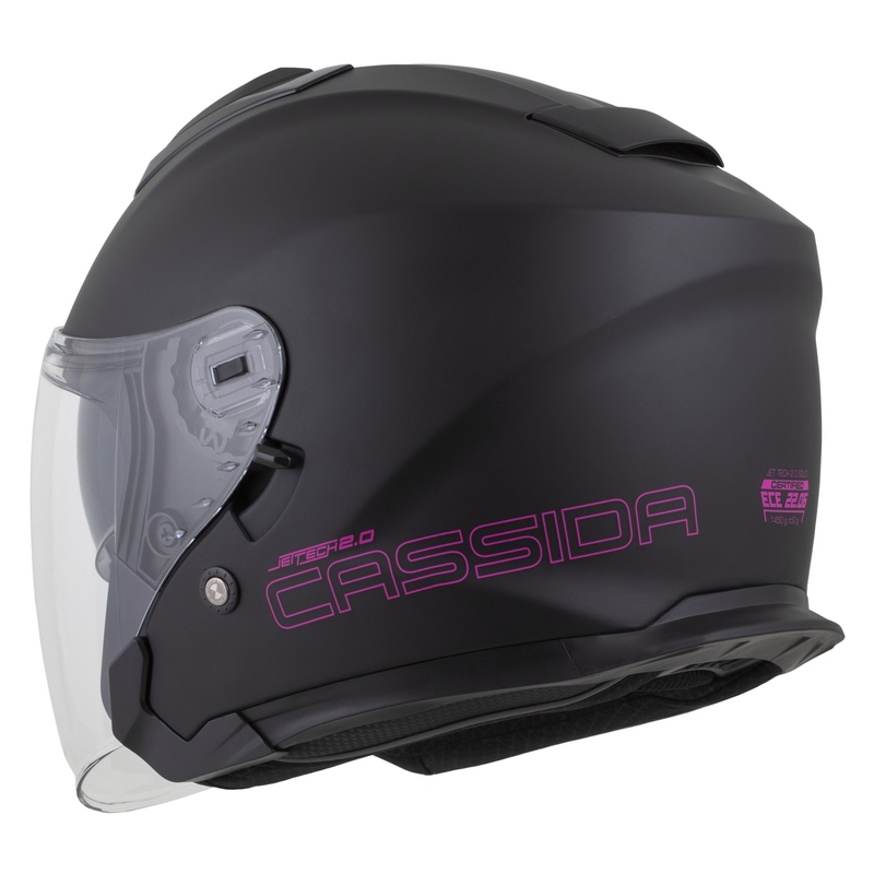 "Cassida Jet Tech 2.0 Solid Matte Black and Pink Open" motociklininko šalmas