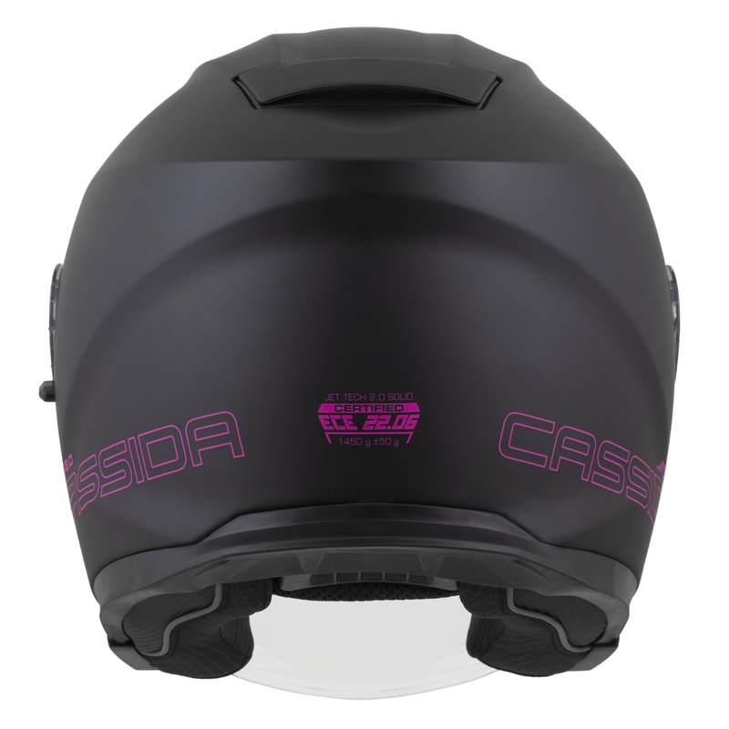 "Cassida Jet Tech 2.0 Solid Matte Black and Pink Open" motociklininko šalmas