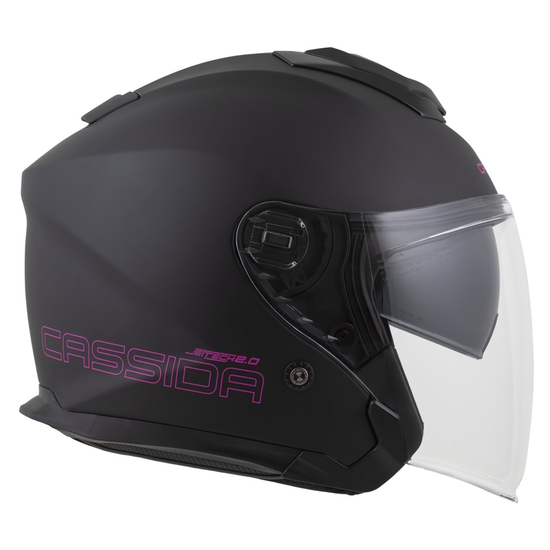"Cassida Jet Tech 2.0 Solid Matte Black and Pink Open" motociklininko šalmas
