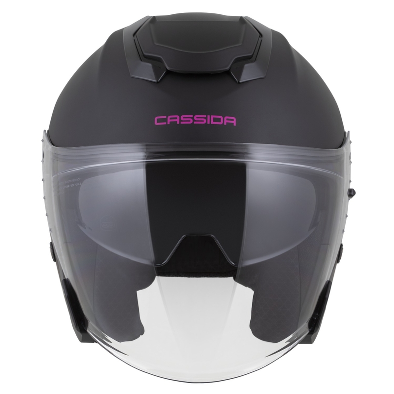 "Cassida Jet Tech 2.0 Solid Matte Black and Pink Open" motociklininko šalmas