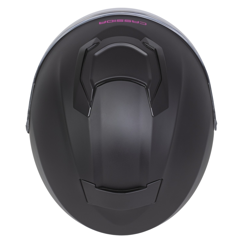 "Cassida Jet Tech 2.0 Solid Matte Black and Pink Open" motociklininko šalmas