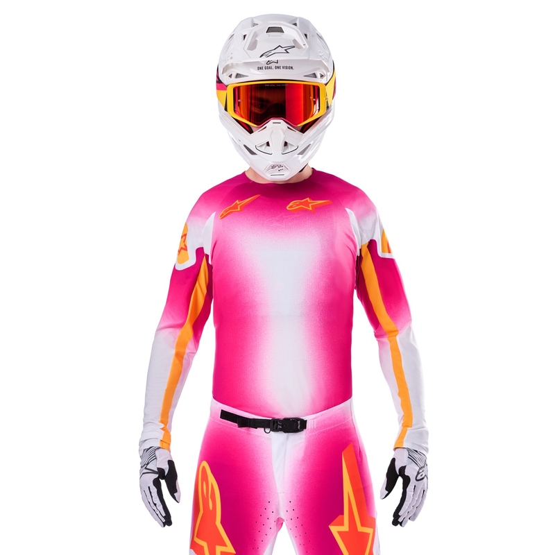 "Alpinestars Supertech SX AFD" riboto leidimo MIG fluo rožinės-baltos-oranžinės spalvos motokroso marškinėliai