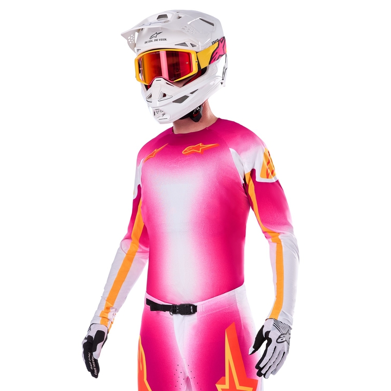 "Alpinestars Supertech SX AFD" riboto leidimo MIG fluo rožinės-baltos-oranžinės spalvos motokroso marškinėliai