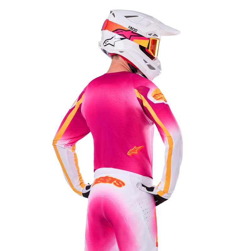 "Alpinestars Supertech SX AFD" riboto leidimo MIG fluo rožinės-baltos-oranžinės spalvos motokroso marškinėliai