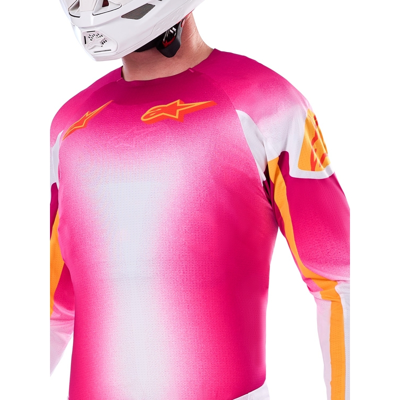 "Alpinestars Supertech SX AFD" riboto leidimo MIG fluo rožinės-baltos-oranžinės spalvos motokroso marškinėliai