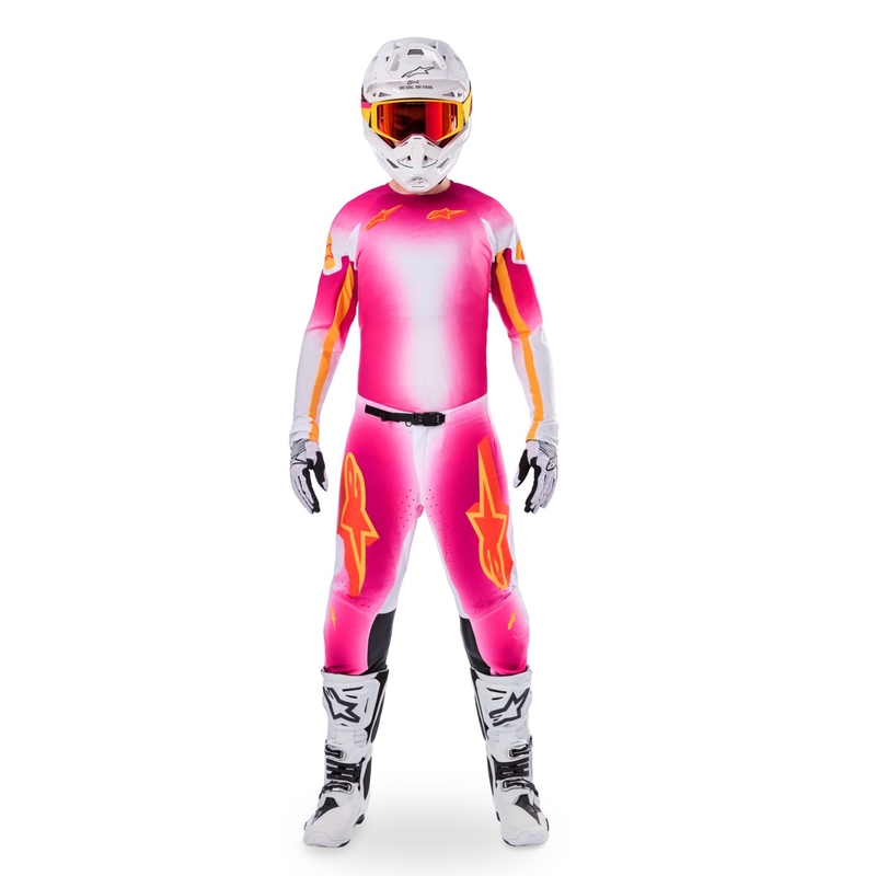 "Alpinestars Supertech" riboto leidimo MIG fluo rožinės-baltos-oranžinės motokroso kelnės