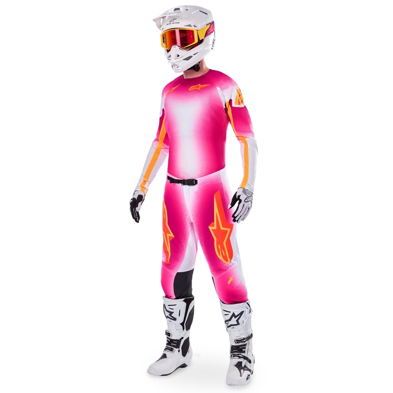 "Alpinestars Supertech" riboto leidimo MIG fluo rožinės-baltos-oranžinės motokroso kelnės
