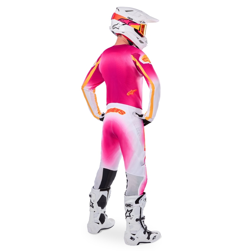 "Alpinestars Supertech" riboto leidimo MIG fluo rožinės-baltos-oranžinės motokroso kelnės
