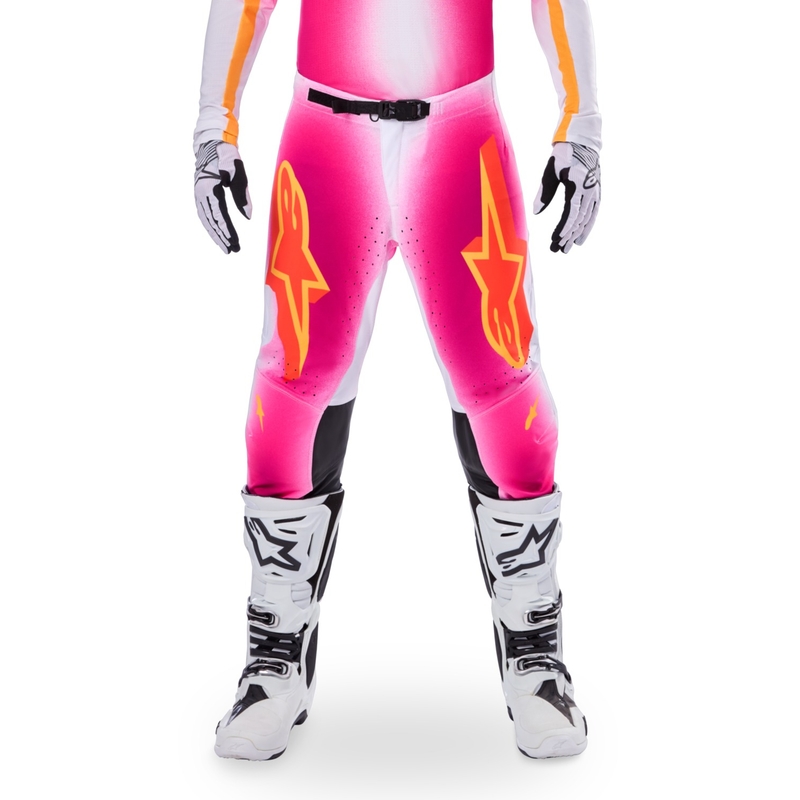 "Alpinestars Supertech" riboto leidimo MIG fluo rožinės-baltos-oranžinės motokroso kelnės