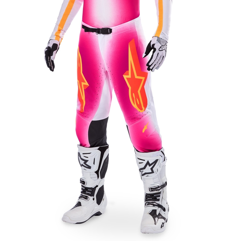 "Alpinestars Supertech" riboto leidimo MIG fluo rožinės-baltos-oranžinės motokroso kelnės