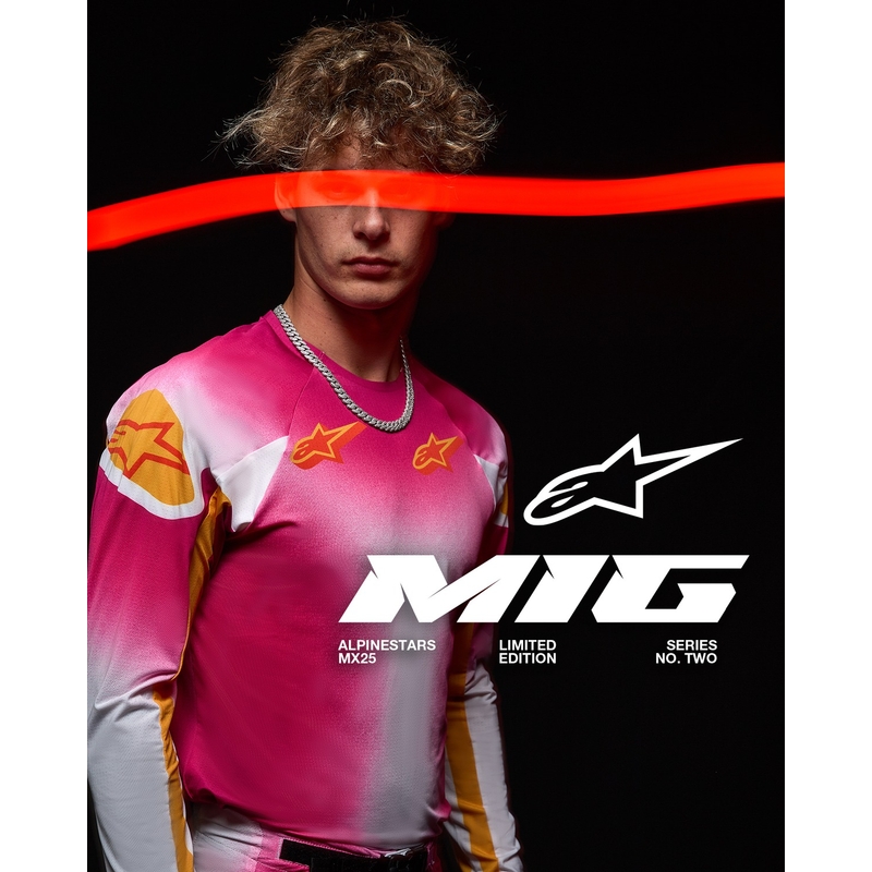"Alpinestars Supertech" riboto leidimo MIG fluo rožinės-baltos-oranžinės motokroso kelnės