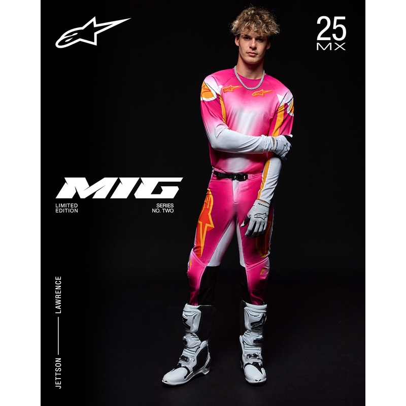 "Alpinestars Supertech" riboto leidimo MIG fluo rožinės-baltos-oranžinės motokroso kelnės