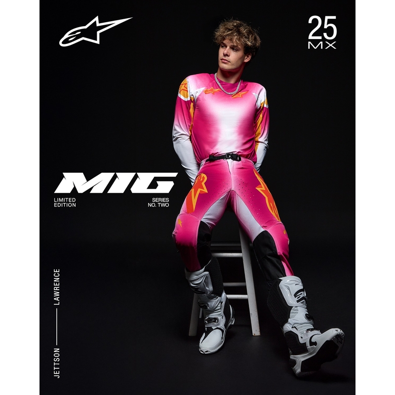 "Alpinestars Supertech" riboto leidimo MIG fluo rožinės-baltos-oranžinės motokroso kelnės