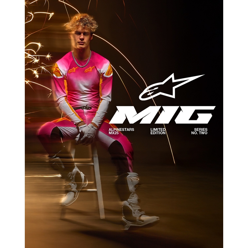 "Alpinestars Supertech" riboto leidimo MIG fluo rožinės-baltos-oranžinės motokroso kelnės