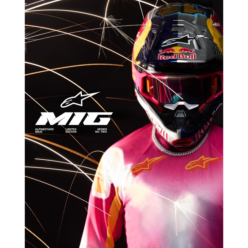 "Alpinestars Supertech" riboto leidimo MIG fluo rožinės-baltos-oranžinės motokroso kelnės