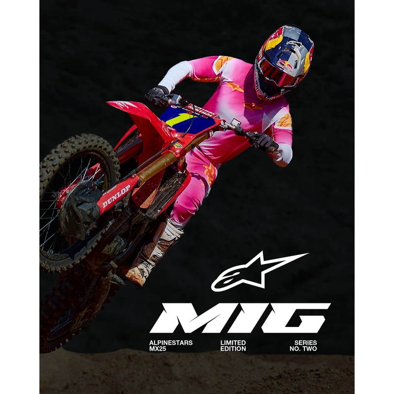 "Alpinestars Supertech" riboto leidimo MIG fluo rožinės-baltos-oranžinės motokroso kelnės