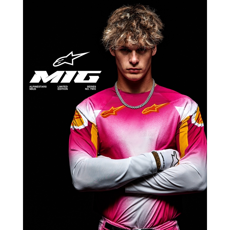 "Alpinestars Supertech" riboto leidimo MIG fluo rožinės-baltos-oranžinės motokroso kelnės