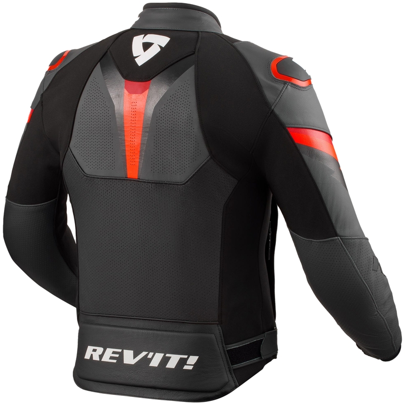"Revit Quantum 3" juoda-fluo raudona odinė motociklininko striukė